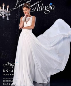 Woman in sleeveless white chiffon lace gown posing against a dark background with "Adagio" and product details displayed.