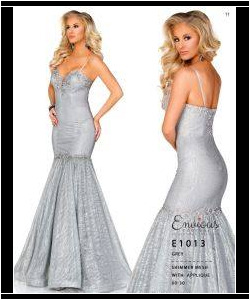Woman wearing a silver mermaid-style evening gown with thin straps, shown from front and back views.