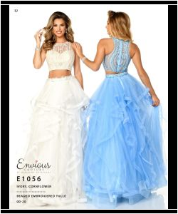 Two models display formal two-piece gowns, one in white and one in blue, featuring ruffled skirts and beaded tops.