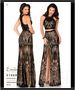 Two women modeling a sleeveless black and nude embroidered formal gown with a front slit, shown from front and back.